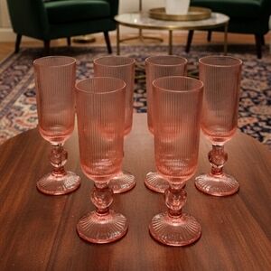 Set of 6 Stunning Pink Ribbed Heart Stem Champagne Glasses
